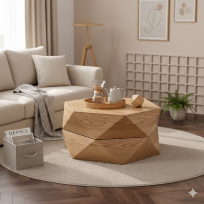 36.61'' Retro-Inspired Polygonal Drum Center Table With A Flip-Top For Easy Access To Hidden Storage. Made With A Solid Wood Veneer, Suitable For Living Rooms, Bedrooms, Or Offices. Available In A Natural Finish.