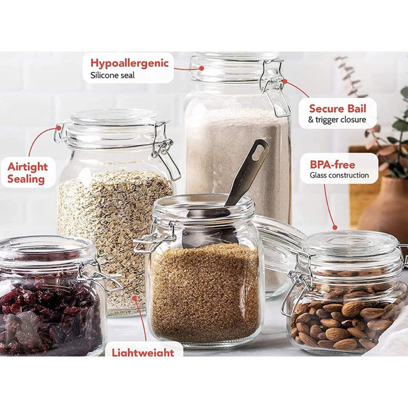 SIMPLI-MAGIC Airtight Glass Canister Set of 5, Clear Glass Kitchen Storage Containers for Flour, Sugar, Coffee and Dry Goods
