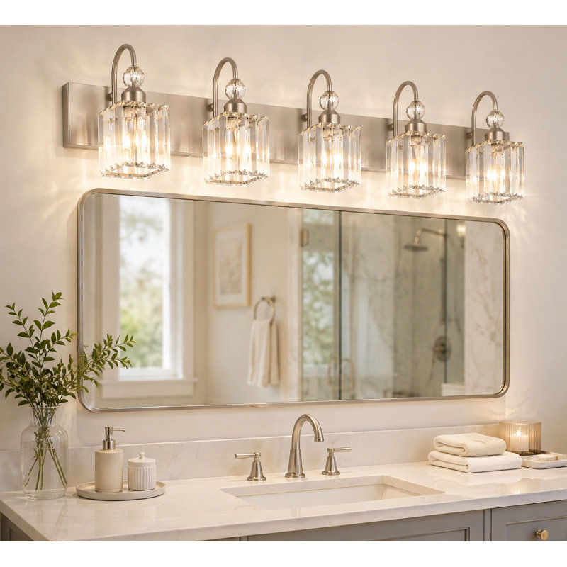 Brushed Nickel Bathroom Vanity Light Crystal Modern 5 Light