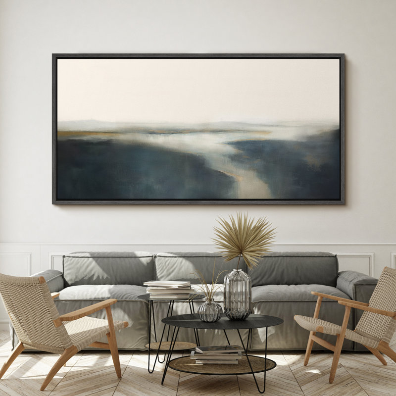 Minimal paysage horizon brume abstraite paysage brumeux, H 30 po x l 60 po, Noir