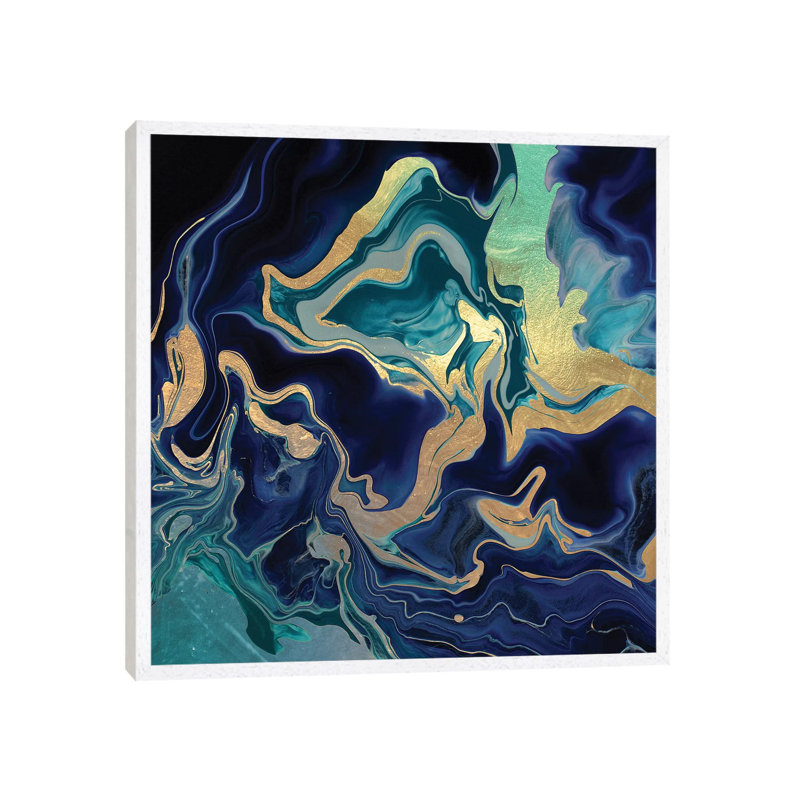 Dramaqueen - Gold And Indigo by Monika Strigel - Floater Frame Print on Canvas, White Framed, 66.04 cm H x 66.04 cm W