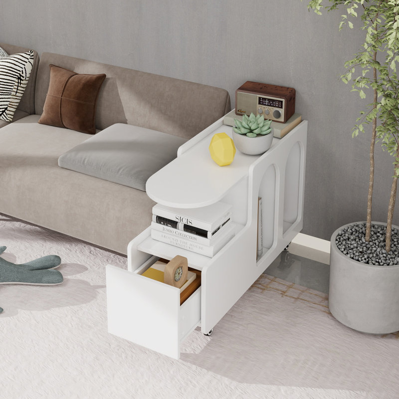 Table de bout mobile avec roues verrouillables, table d'appoint de style crème avec tiroir de rangement, table de chevet étroite de 11,8 pouces avec rangement multicouche, salon, blanc