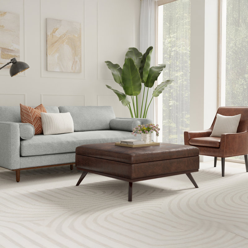 Owen 40"W Upholstered Mid-Century Modern Square Lift-Top Ottoman with Ample Storage, Distressed Chestnut Brown