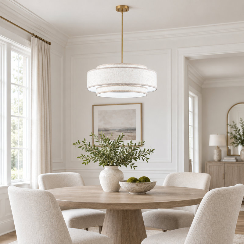 Lustre tambour moderne doré à 6 lumières de 60 cm (23,6 po) avec abat-jour à 3 niveaux en tissu texturé lin, Gold, 6