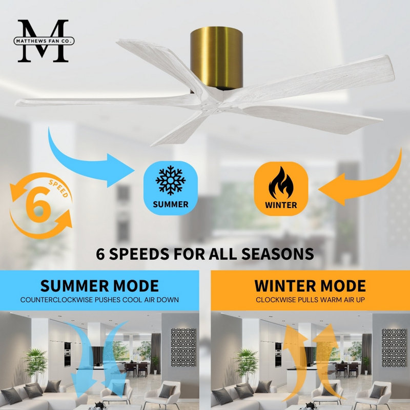 60" Irene 5-Blade Hugger Ceiling Fan with Wall Remote, Brushed Brass, Matte White, 42"