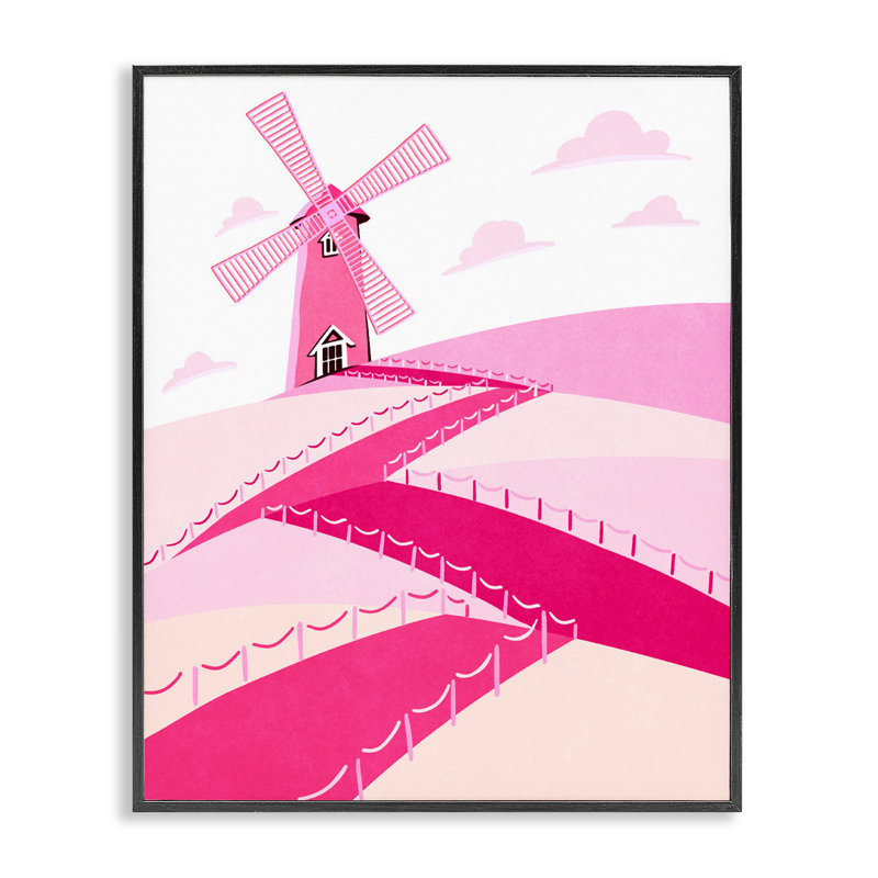 Collines roses et moulin à vent, estampe numérique, design par Ziwei Li, H 14 po x l 11 po, Giclée encadrée noir minuit