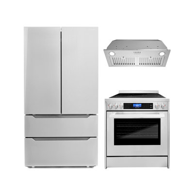 Cosmo 3 Piece Kitchen Appliance Package with French Door Refrigerator , 30'' Electric Freestanding Range , Insert Range Hood , and Air Fryer -  COS-3PKG-363