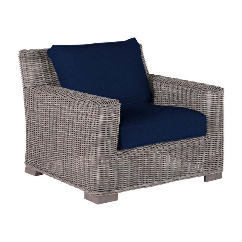 Rustic Woven N-Dura Resin Wicker Outdoor Lounge Chair, Welt, Indigo Velvet, Oyster