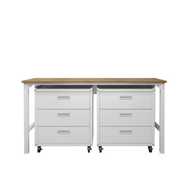 Fortress 72" W Workbench with 2 Mobile Garage Cabinets in White