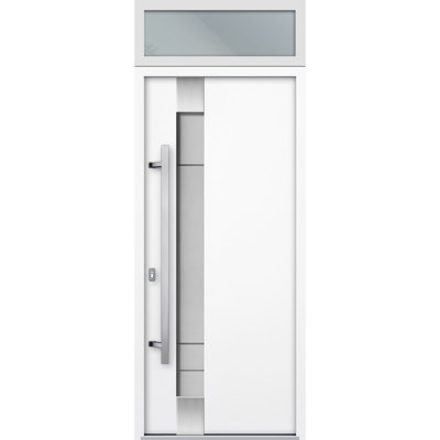 Front Exterior Prehung Steel Door / Deux 1713 White Enamel / Top Exterior Black Window / Stainless Inserts Single Modern Painted-W36" x H80+16"-Left-hand Inswing