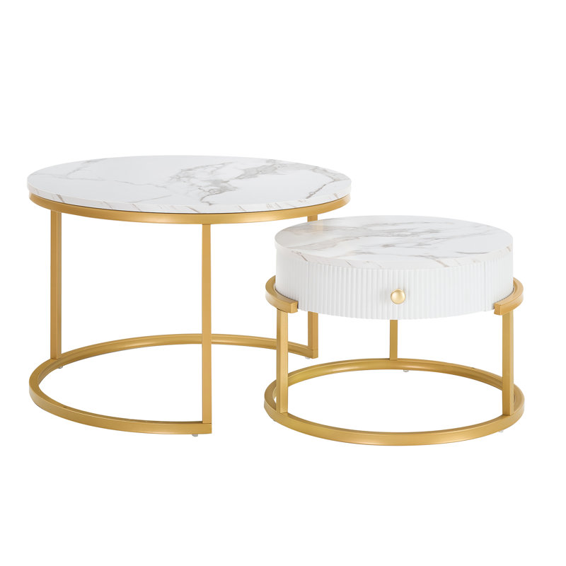 Round Nesting Coffee Table Set Of 2, Modern Side End Tables With Marble Pattern And Metal Frame, Modern Coffee Table With Hidden Compartment For Living Room, Apartment, Office
