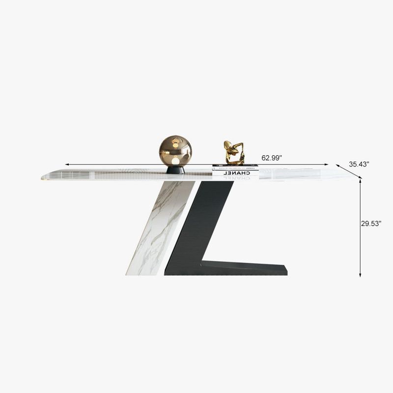 Modern White Rectangular Sintered Stone Dining Table with Z-shaped Pedestal Base, 29.53"H x 63"L x 35.43"W, Black