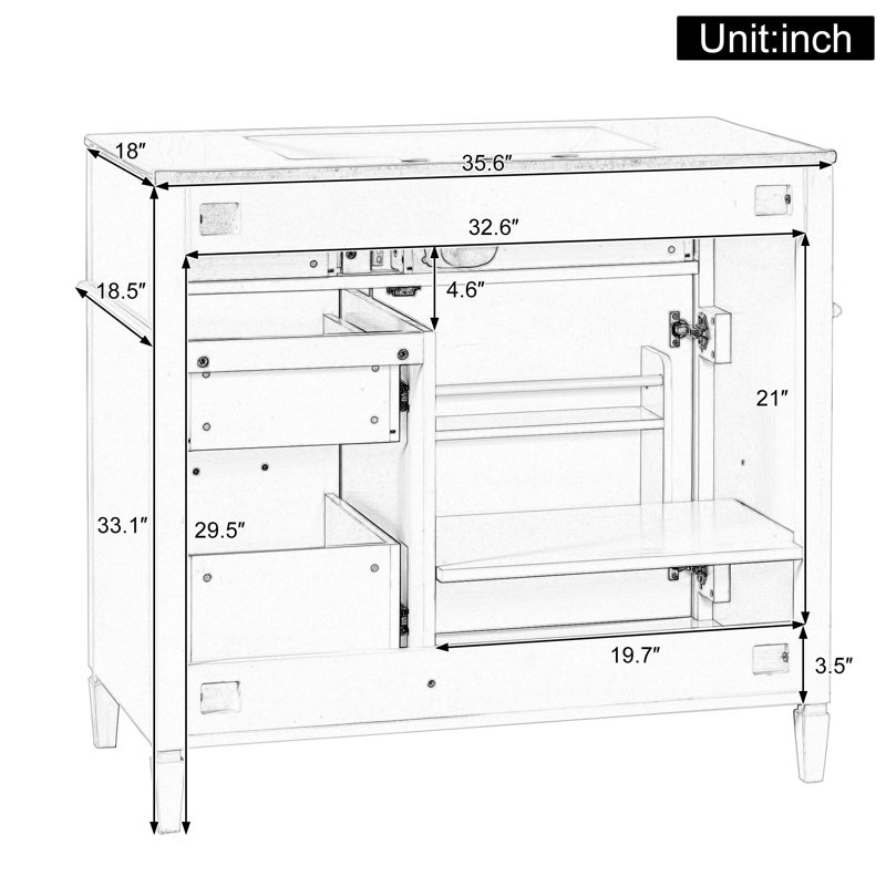 Meuble-lavabo autoportant de 36 pouces avec rangement polyvalent, Blanc