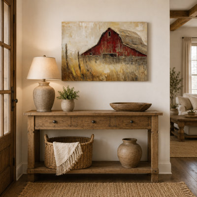 «Barnside Memory - Rustic Meadow Landscape», art mural sur toile tendue
