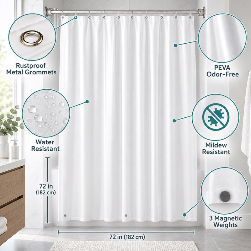 72 x 72 Inch PEVA Shower Curtain Liner with Magnetic Weights and Metal Grommets, White