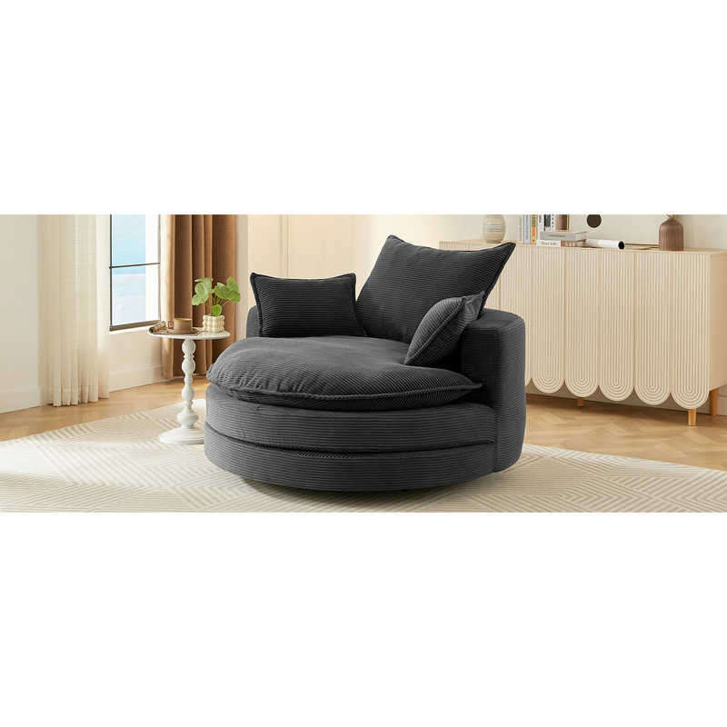 Très grande chaise pivotante ronde sur 360 avec coussin double couche, coussin de soutien, revêtement en velours côtelé, taille 57,5 po, pour système de coussin de bureau et de salon de chambre à coucher, base lisse, dimension noire, parfait