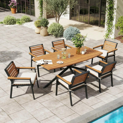 7-Piece Modern Acacia Wood Dining Set with Iron Frame — Indoor/Outdoor Patio Table + 6 Chairs, Removable Washable Cushions, Dual-Layer Seat Frame, Rust-Resistant Black Powder Coat