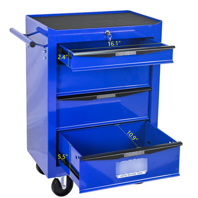 Black & Blue 4 Rolling Tool Chest, 20" Size, Bearing Slides For Effortless Drawer Closing, 4  2 With Parking Brake , Key Lock Protection Reinforcement Quiet Use,