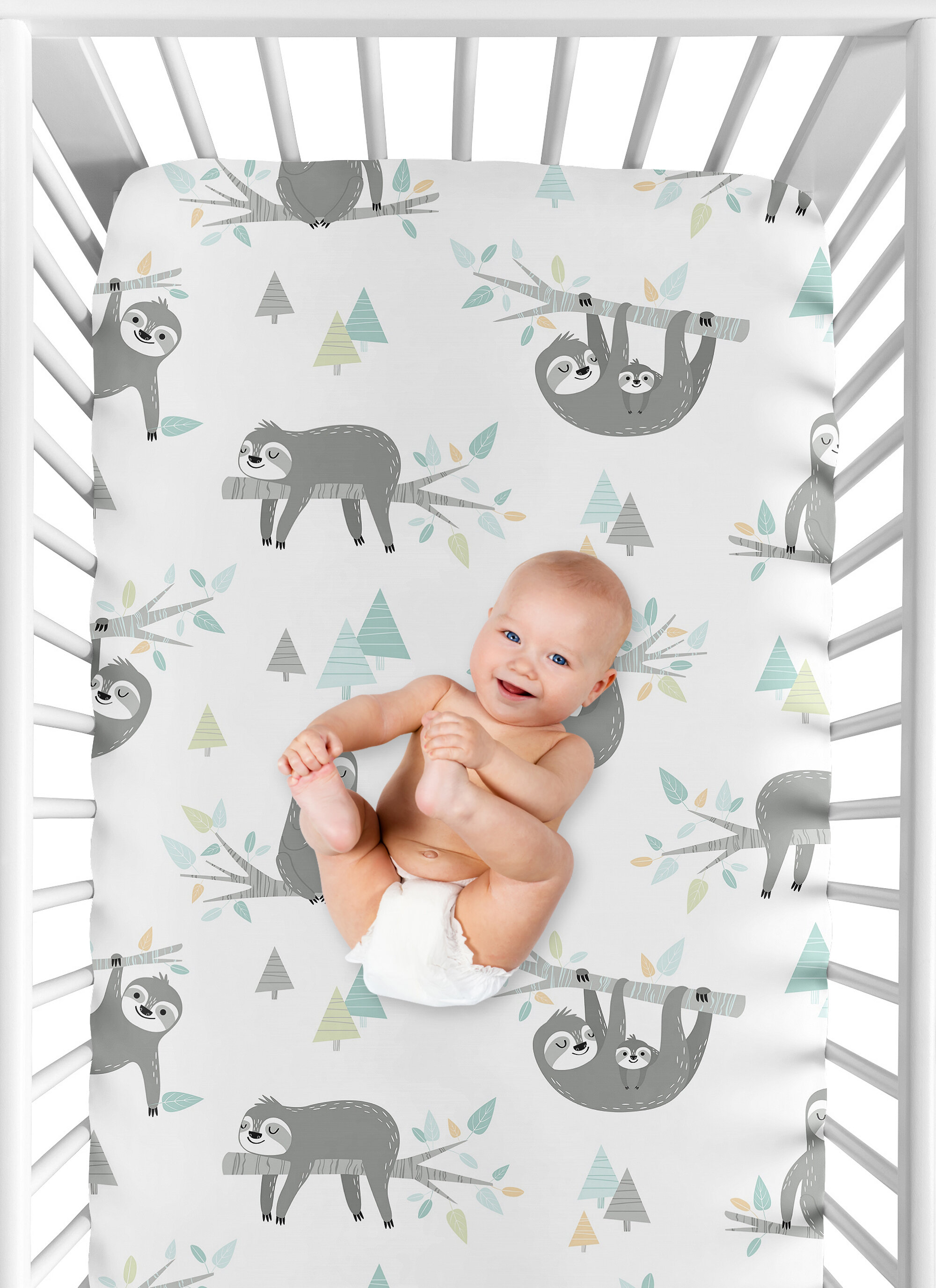 Sweet Jojo Designs Aqua and Grey Sloth Collection Sloth Fitted Crib ...