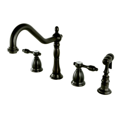 Kingston Brass Tudor Double-Handle 4-Hole Widespread Kitchen Faucet with Brass Sprayer