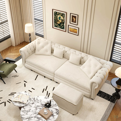 Canapé Chesterfield, 226 cm de large, canapé-lit 3 en 1 convertible, canapé-lit, méridienne, canapé 3 places en velours avec pouf amovible, design capitonné