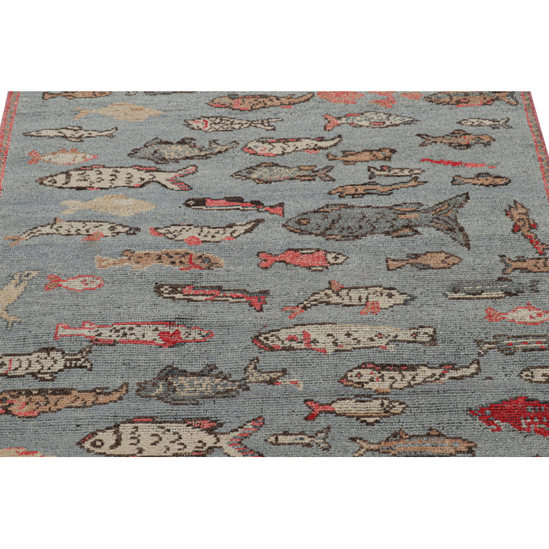 Rug & Kilim’S Mid-Century Style Rug In Blue With Colorful Fish Pictorials, Runner 3' x 12'
