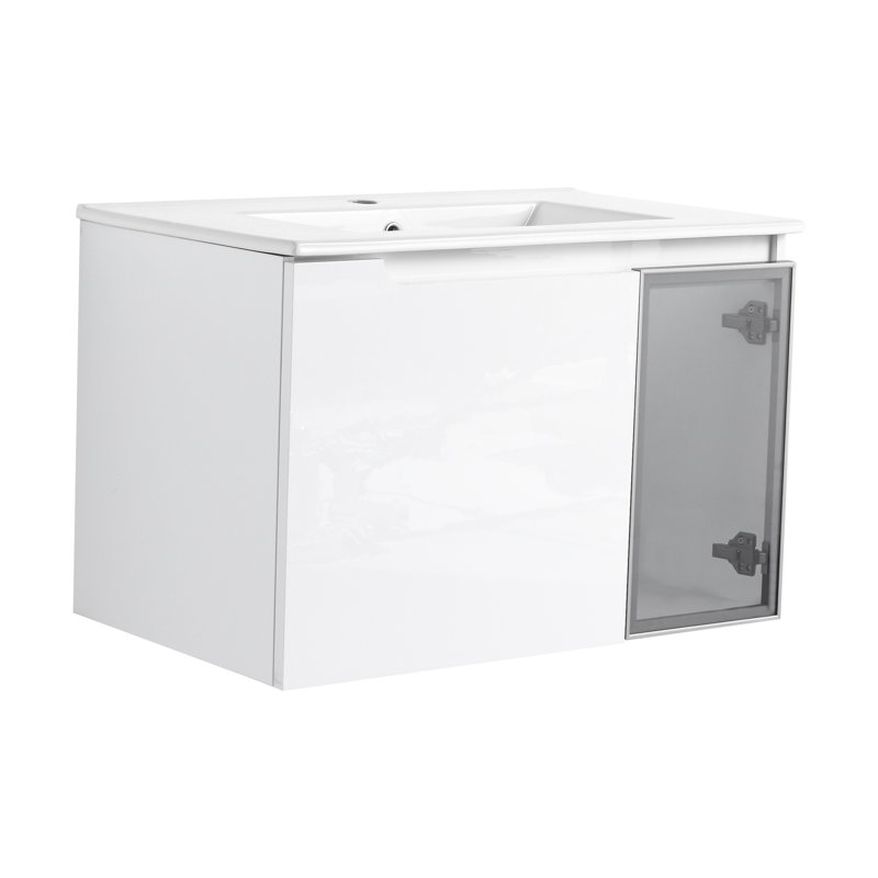 Meuble-lavabo mural contemporain avec lavabo en céramique, blanc brillant, design moderne