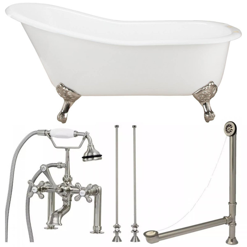 54'' x 30'' Freestanding Soaking Cast Iron Bathtub with Faucet, Brushed Nickel