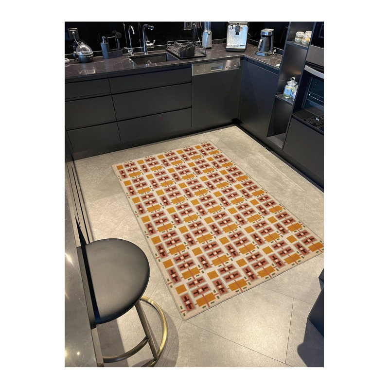 Tapis jaune tissé à motif géométrique rectangulaire, Sous-tapis rectangulaire 5 pi 1 po x 7 pi 7 po inc