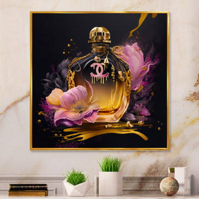 Chic Perfume Bottle With Pink Roses I - Fashion Framed Canvas Print Wall Art