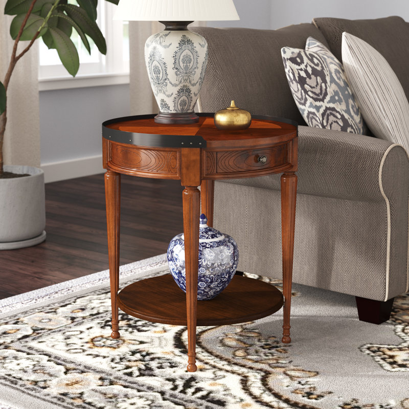 Aleix 22 in. W Round Wood 1 Drawer Side Table, Olive Ash, Olive Ash Burl