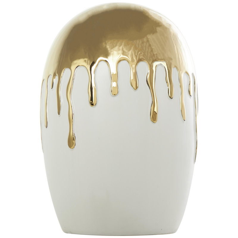 Patrich Ceramic Abstract Decorative Vase with Abstract Gold Melting Drips, Gold/White, 13.05" H x 9.35" W x 9.3" D