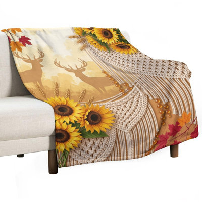 Jeté d'automne, cerf tournesol, feuilles de blé en flanelle de luxe, couverture douce et chaude pour le canapé-lit du salon