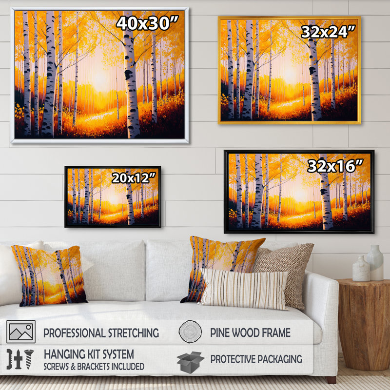 Golden Hour Birch Trees VI - reproduction sur toile, H 12 po x l 20 po x P 1 po, Toile avec cadre flottant or