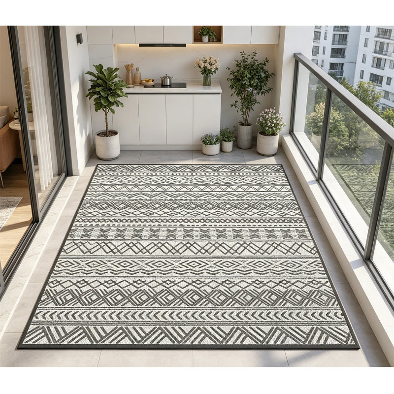 5X8 Ft Outdoor Rug, Boho Grey Area Rug For RV Camping Picnic Beach Balcony Patio, Gray