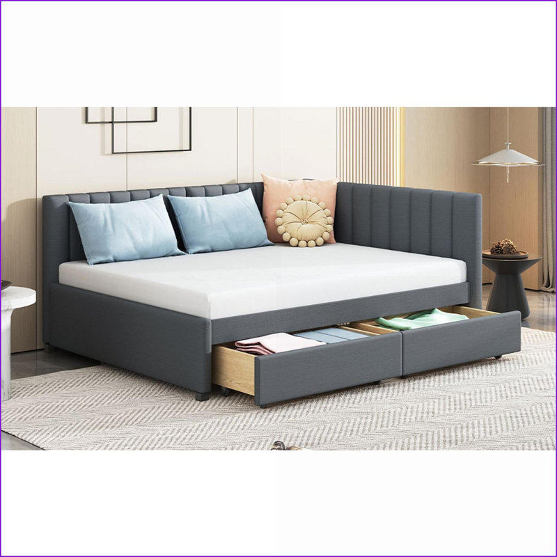 Full Size Linen Upholstered Storage Daybed Frame with 2 Drawers - No Box Spring Needed, Gray, Gray