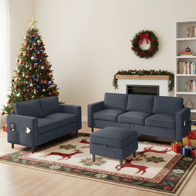 Modern Sofa And Loveseat Set - Durable 3-Piece Living Room Furniture, Sturdy L-Shaped Sectional Couch With Storage Ottoman, Space-Saving Design For Ap by Ebern Designs