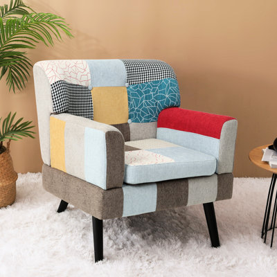 Fauteuil d'appoint en patchwork, fauteuil club en tissu Mid-Century moderne pour chambre à coucher, salon, bureau, salle d'étude et de lecture, pièce attrayante et confortable, cadre en bois massif coloré, capacité de charge de 250 lb, lin