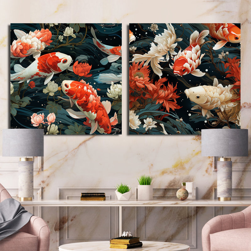 Vallarie - Ensemble de 2 animaux carrés, collage de poissons, H 30 po x l 61 po, Toile tendue