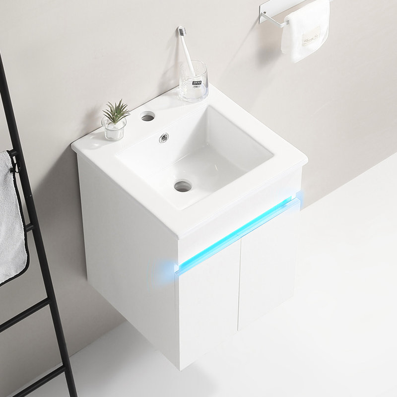 Meuble-lavabo mural de 16 po avec lavabo, couleur blanche, beauté moderne, espace de rangement considérable pour petite salle de bain, prise de détection de radars en céramique, blanc, Grace, grand ensemble de testeur