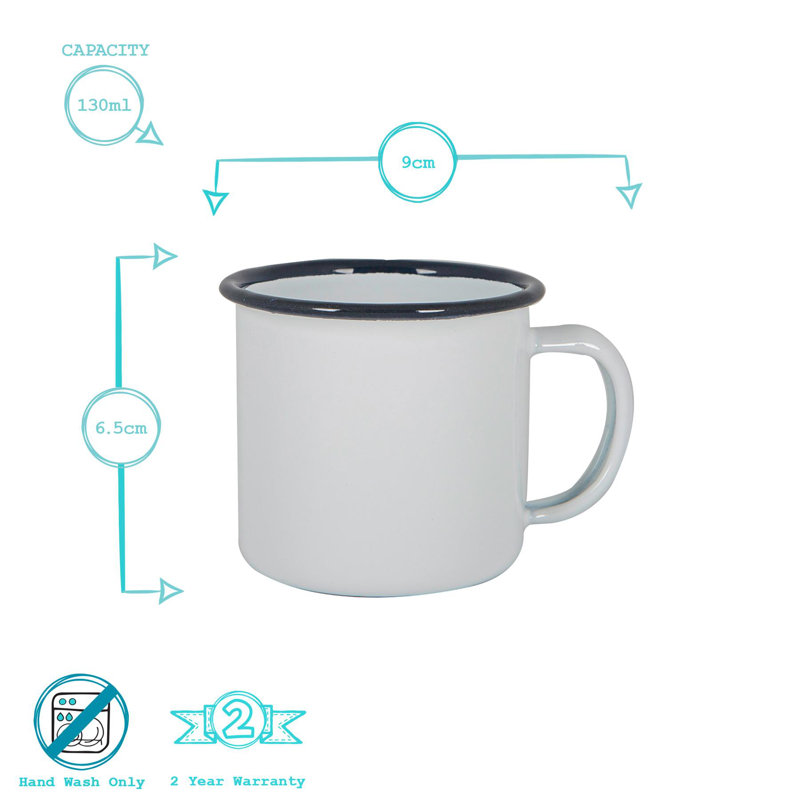 Argon Tableware - White Enamel Espresso Cups - 130ml, 6, White/Dark Blue