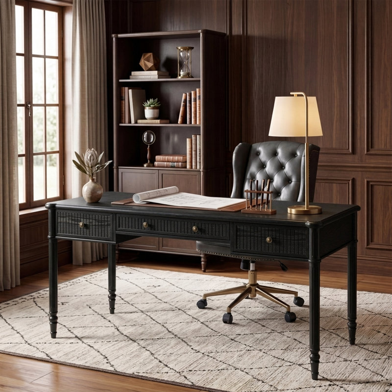 Hoai 60''W Transitional Fluted Simple Assembly Desk with Charging Station and Cable Management, Black