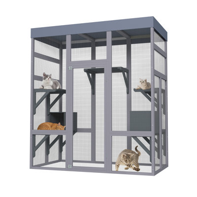 62.6" Wooden Outdoor Catio for Cats, Large Cat Enclosure with Waterproof Roof, 2 Napping House
