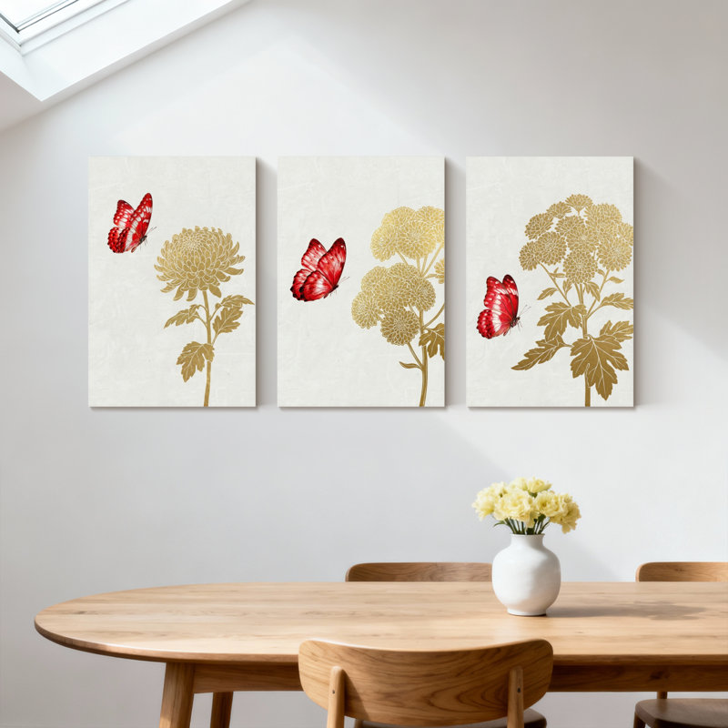 Plantes et fleurs papillon et fleur, ensemble de 3 reproductions d'art sur toile, H 18 po x l 36 po