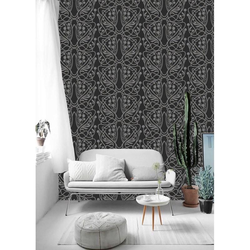 Vineyard 10' L x 25" W Wallpaper Tile, Black, Faux Grasscloth, Non-pasted