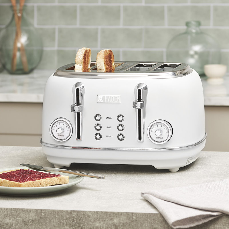 HADEN Chelsea 4 Slice Toaster Wide Slot with Removable Crumb Tray and Control Settings Chrome, Ivory/Chrome