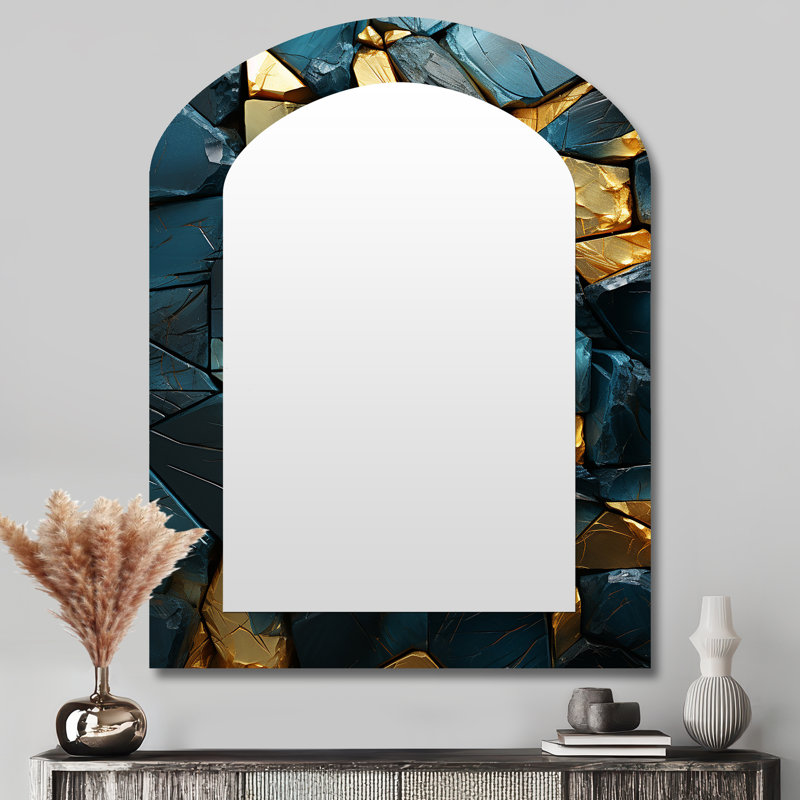 Bleu et or marbre élégance I - miroir mural asymétrique unique en marbre, miroir de forme unique moderne, impression d'art en métal