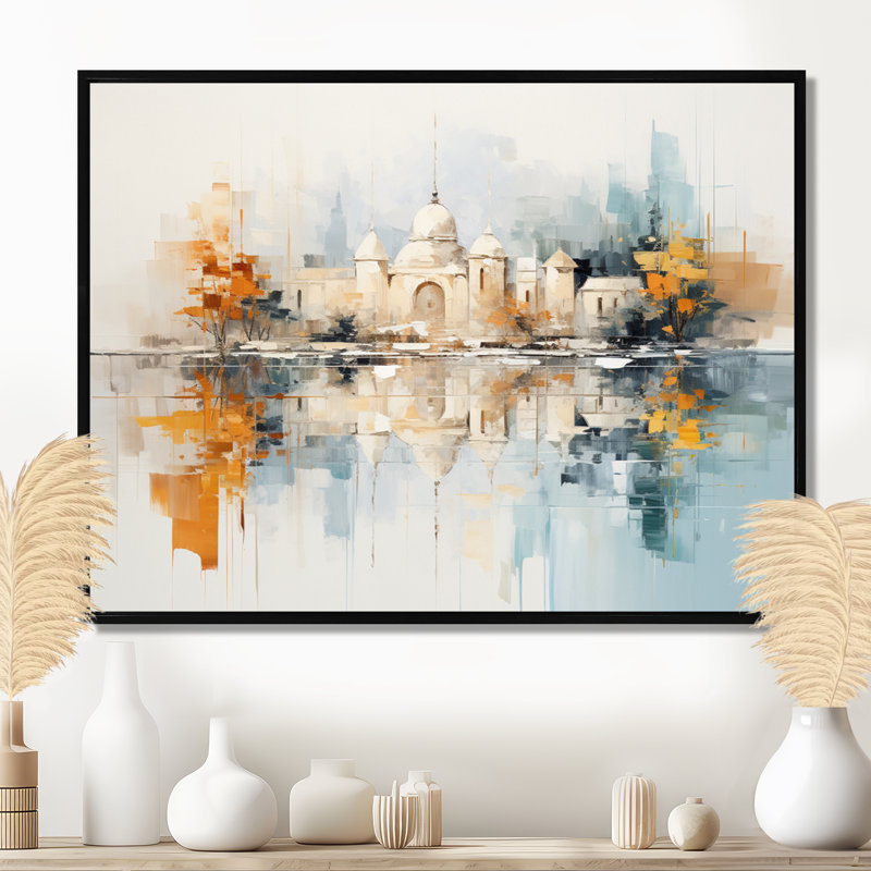 Eastern City Towers Pastel - art mural paysage urbain, Toile avec cadre flottant noir, H 12 po x l 20 po x P 1 po