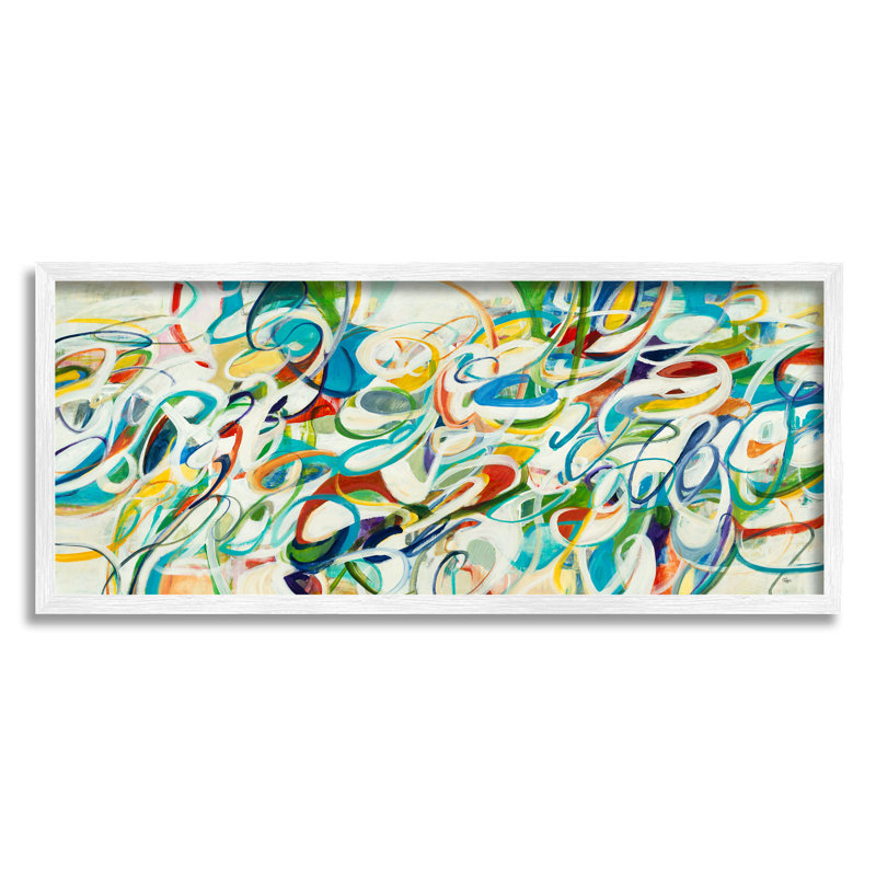 Lignes courbes complexes bleu vert et blanc - Peinture, Giclée encadrée blanc bord de mer, H 10 po x l 24 po