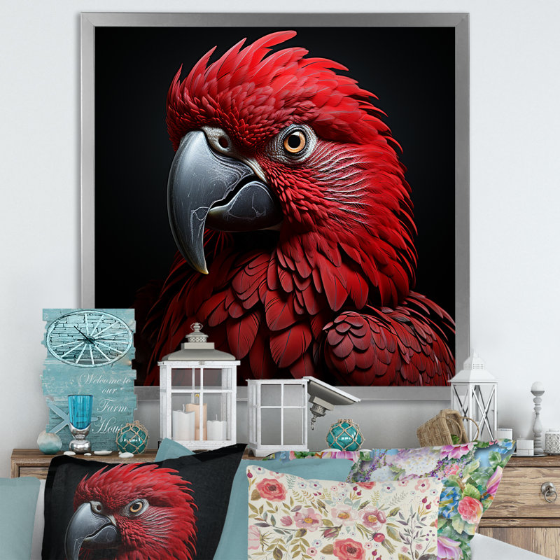 Crimson Elegance, perroquet tropical encadré sur toile, H 30 po x l 30 po x P 1 po, Cadre simple argenté